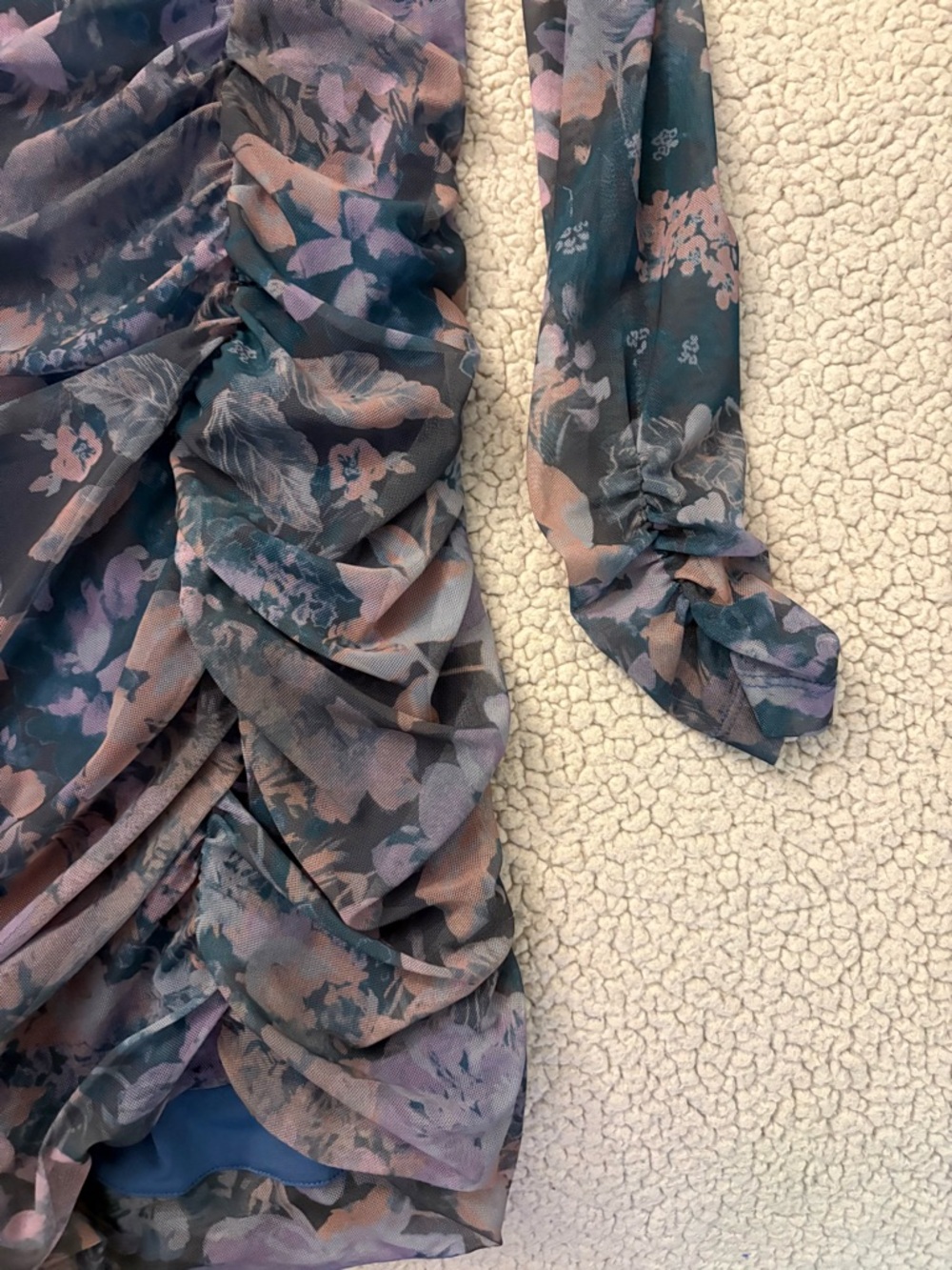 Free People One-Shoulder Floral Ruched Dress in Teal, Dusty Pink and Lavender